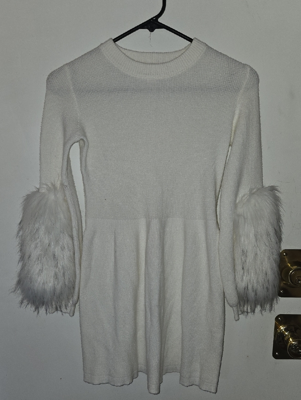 Cat & Jack Cream Long-Sleeve Knit Dress with Faux Fur Cuffs